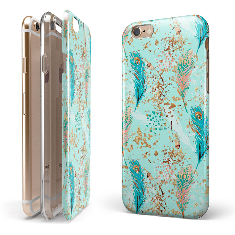 Blue and Coral Feathers Over Teal Strokes iPhone 6/6s or 6/6s Plus 2-Piece Hybrid INK-Fuzed Case