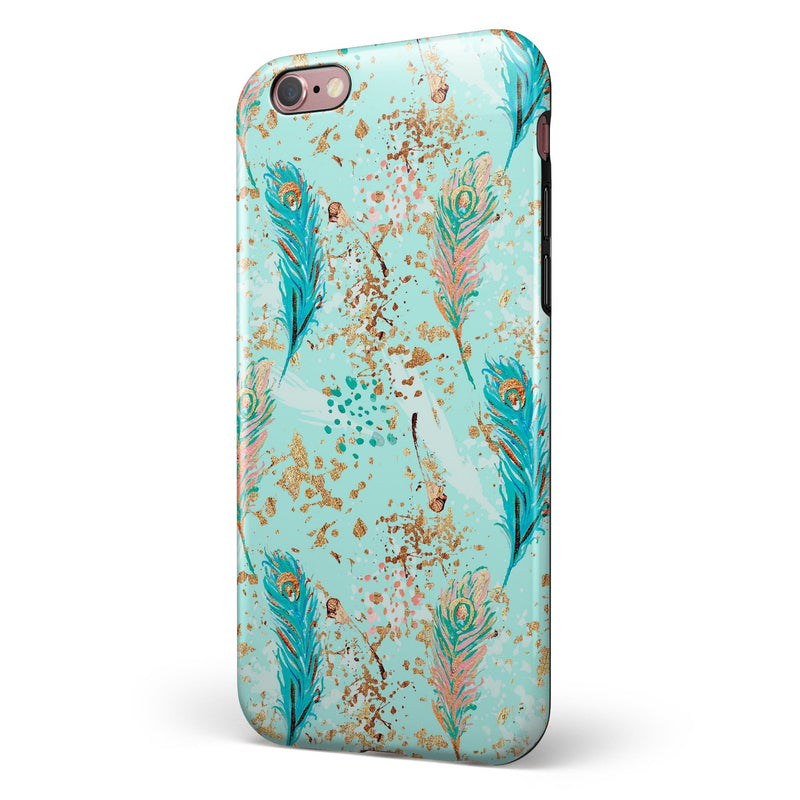 Blue and Coral Feathers Over Teal Strokes iPhone 6/6s or 6/6s Plus 2-Piece Hybrid INK-Fuzed Case