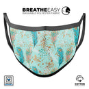 Blue and Coral Feathers Over Teal Strokes - Made in USA Mouth Cover Unisex Anti-Dust Cotton Blend Reusable & Washable Face Mask with Adjustable Sizing for Adult or Child