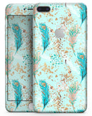 Blue and Coral Feathers Over Teal Strokes - Skin-kit for the iPhone 8 or 8 Plus