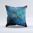 Blue and Teal Painted Universe Ink-Fuzed Decorative Throw Pillow