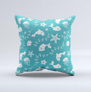 Blue and White Cartoon Sea Creatures ink-Fuzed Decorative Throw Pillow