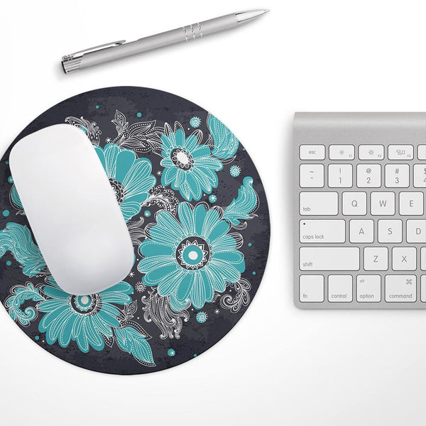 Bright Blue Accented Flower Illustration// WaterProof Rubber Foam Backed Anti-Slip Mouse Pad for Home Work Office or Gaming Computer Desk