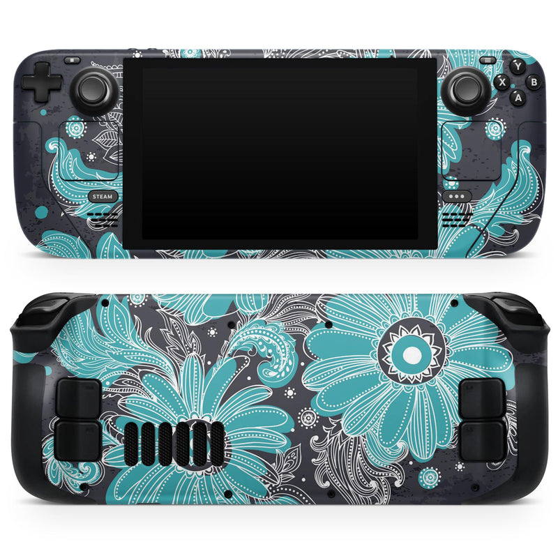 Bright Blue Accented Flower Illustration // Full Body Skin Decal Wrap Kit for the Steam Deck handheld gaming computer