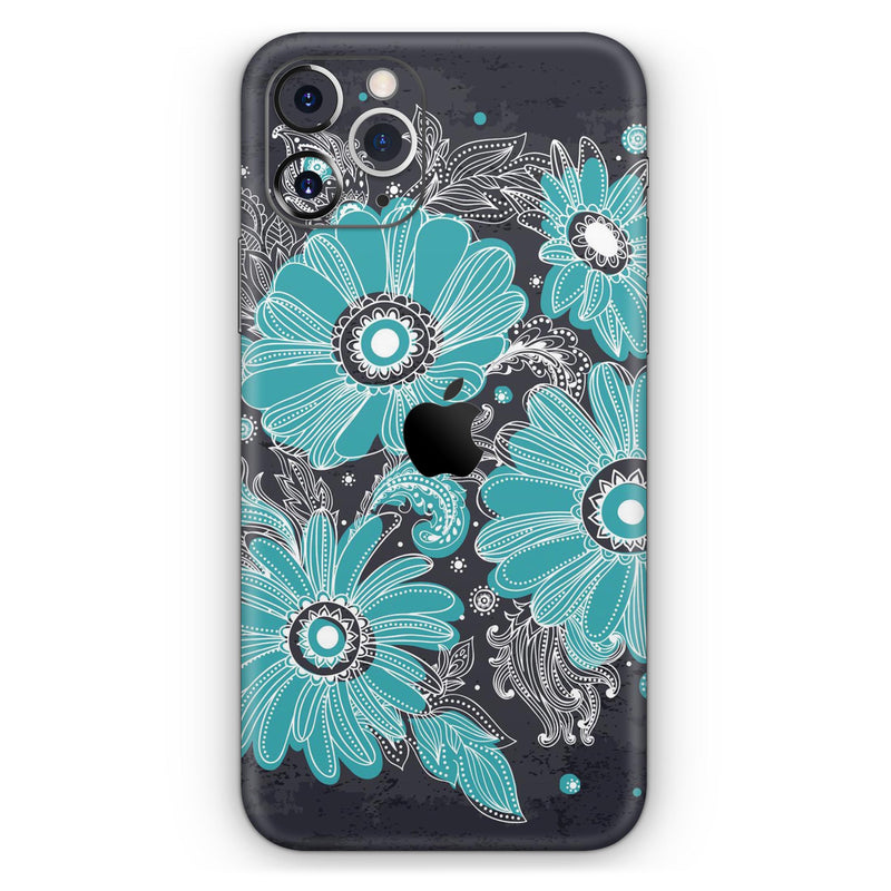 Bright Blue Accented Flower Illustration - Skin-Kit compatible with the Apple iPhone 13, 13 Pro Max, 13 Mini, 13 Pro, iPhone 12, iPhone 11 (All iPhones Available)