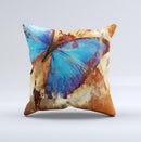 Bright Blue Butterfly on Grunge Gold Surface Ink-Fuzed Decorative Throw Pillow