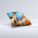 Bright Blue Butterfly on Grunge Gold Surface Ink-Fuzed Decorative Throw Pillow