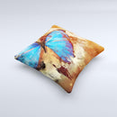 Bright Blue Butterfly on Grunge Gold Surface Ink-Fuzed Decorative Throw Pillow