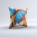 Bright Blue Butterfly on Grunge Gold Surface Ink-Fuzed Decorative Throw Pillow