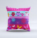 Bright Pink Cartoon Owls with Flowers and Butterflies Ink-Fuzed Decorative Throw Pillow
