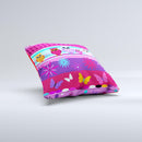 Bright Pink Cartoon Owls with Flowers and Butterflies Ink-Fuzed Decorative Throw Pillow