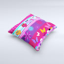 Bright Pink Cartoon Owls with Flowers and Butterflies Ink-Fuzed Decorative Throw Pillow