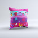 Bright Pink Cartoon Owls with Flowers and Butterflies Ink-Fuzed Decorative Throw Pillow