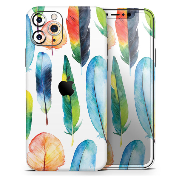 Bright Water Color Painted Feather - Skin-Kit compatible with the Apple iPhone 13, 13 Pro Max, 13 Mini, 13 Pro, iPhone 12, iPhone 11 (All iPhones Available)