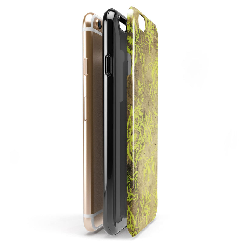 Brown and Lime Green Floral Damask Pattern iPhone 6/6s or 6/6s Plus 2-Piece Hybrid INK-Fuzed Case