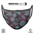 Burgundy and Turquoise Floral Velvet - Made in USA Mouth Cover Unisex Anti-Dust Cotton Blend Reusable & Washable Face Mask with Adjustable Sizing for Adult or Child