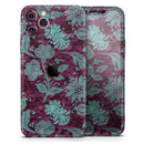 Burgundy and Turquoise Floral Velvet  - Protective Skin Wrap & Decal – Compatible with iPhone SE to iPhone 17 Pro Max (All Models)