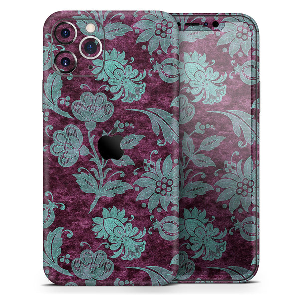 Burgundy and Turquoise Floral Velvet - Skin-Kit compatible with the Apple iPhone 13, 13 Pro Max, 13 Mini, 13 Pro, iPhone 12, iPhone 11 (All iPhones Available)