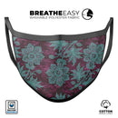 Burgundy and Turquoise Floral Velvet v2 - Made in USA Mouth Cover Unisex Anti-Dust Cotton Blend Reusable & Washable Face Mask with Adjustable Sizing for Adult or Child