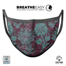 Burgundy and Turquoise Floral Velvet v3 - Made in USA Mouth Cover Unisex Anti-Dust Cotton Blend Reusable & Washable Face Mask with Adjustable Sizing for Adult or Child