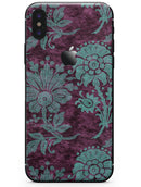 Burgundy and Turquoise Floral Velvet v3 - iPhone X Skin-Kit