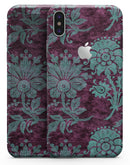 Burgundy and Turquoise Floral Velvet v3 - iPhone X Skin-Kit