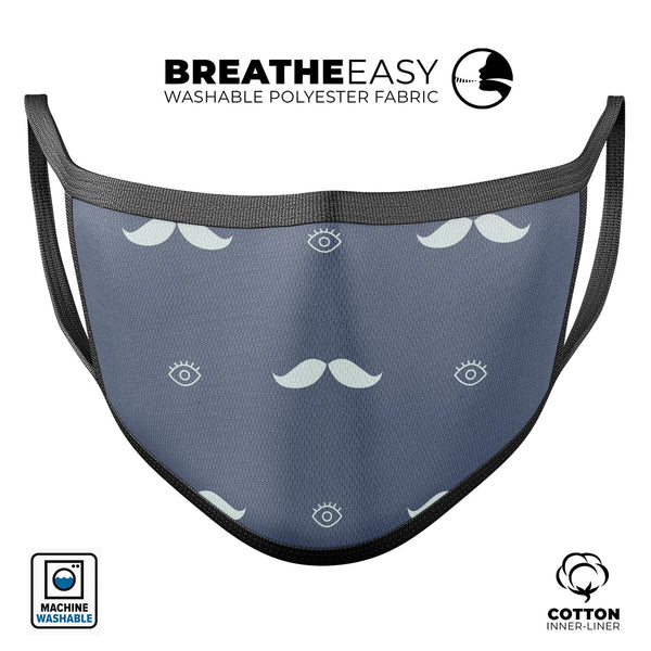 Cartoon Eyes Mustache Over Navy Pattern - Made in USA Mouth Cover Unisex Anti-Dust Cotton Blend Reusable & Washable Face Mask with Adjustable Sizing for Adult or Child