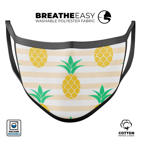 Cartoon Pineapples Over Stripes - Made in USA Mouth Cover Unisex Anti-Dust Cotton Blend Reusable & Washable Face Mask with Adjustable Sizing for Adult or Child