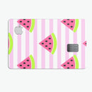 Cartoon Watermelon Over Pink Stripes - Premium Protective Decal Skin-Kit for the Apple Credit Card