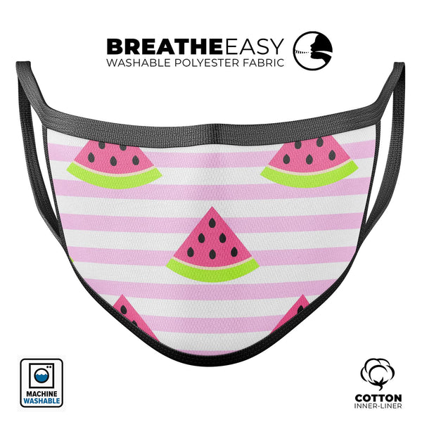 Cartoon Watermelon Over Pink Stripes - Made in USA Mouth Cover Unisex Anti-Dust Cotton Blend Reusable & Washable Face Mask with Adjustable Sizing for Adult or Child