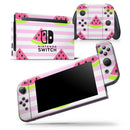 Cartoon Watermelon Over Pink Stripes - Vinyl Skin Wrap for Nintendo Switch 2, OLED, Lite, Pro Controller, Wii & Classic Handhelds