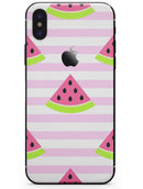 Cartoon Watermelon Over Pink Stripes - iPhone X Skin-Kit