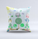 Colorful Emotional Cartoon Owls in the Trees ink-Fuzed Decorative Throw Pillow
