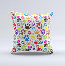 Colorful Scattered Paw Prints ink-Fuzed Decorative Throw Pillow
