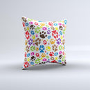 Colorful Scattered Paw Prints ink-Fuzed Decorative Throw Pillow