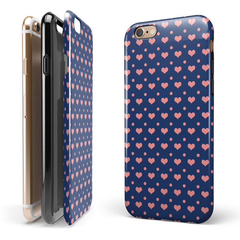 Coral Micro Hearts and Dots Over Navy iPhone 6/6s or 6/6s Plus 2-Piece Hybrid INK-Fuzed Case