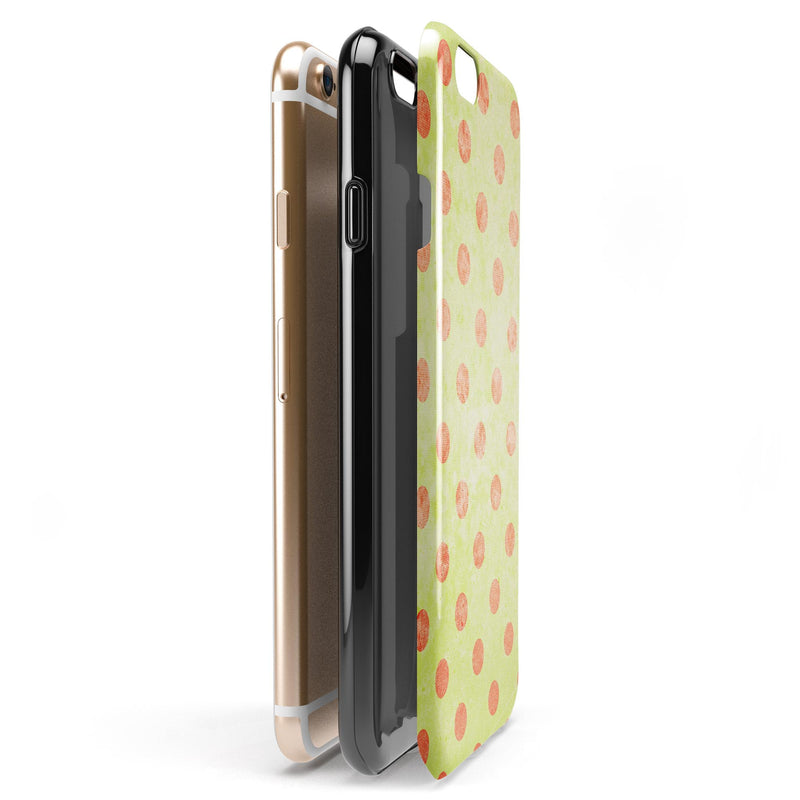 Coral Polka Dots Over Grunge Yellow iPhone 6/6s or 6/6s Plus 2-Piece Hybrid INK-Fuzed Case