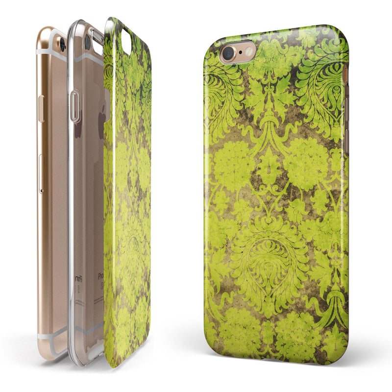 Dark Brown and Lime Green Cauliflower Damask Pattern iPhone 6/6s or 6/6s Plus 2-Piece Hybrid INK-Fuzed Case