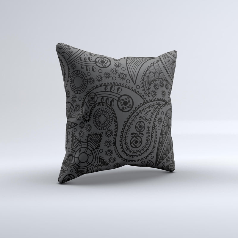 Dark Gray & Black Paisley Ink-Fuzed Decorative Throw Pillow