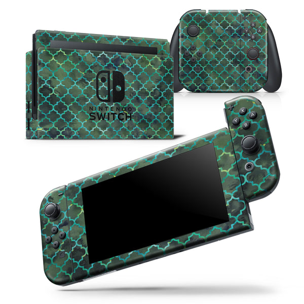 Dark Green Watercolor Quatrefoil - Skin Wrap Decal for Nintendo Switch Lite Console & Dock - 3DS XL - 2DS - Pro - DSi - Wii - Joy-Con Gaming Controller