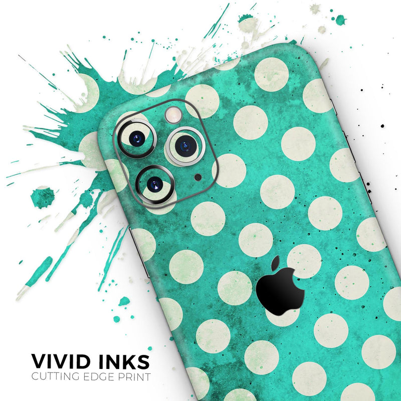Dark Teal and White Polka Dots Pattern - Skin-Kit compatible with the Apple iPhone 13, 13 Pro Max, 13 Mini, 13 Pro, iPhone 12, iPhone 11 (All iPhones Available)