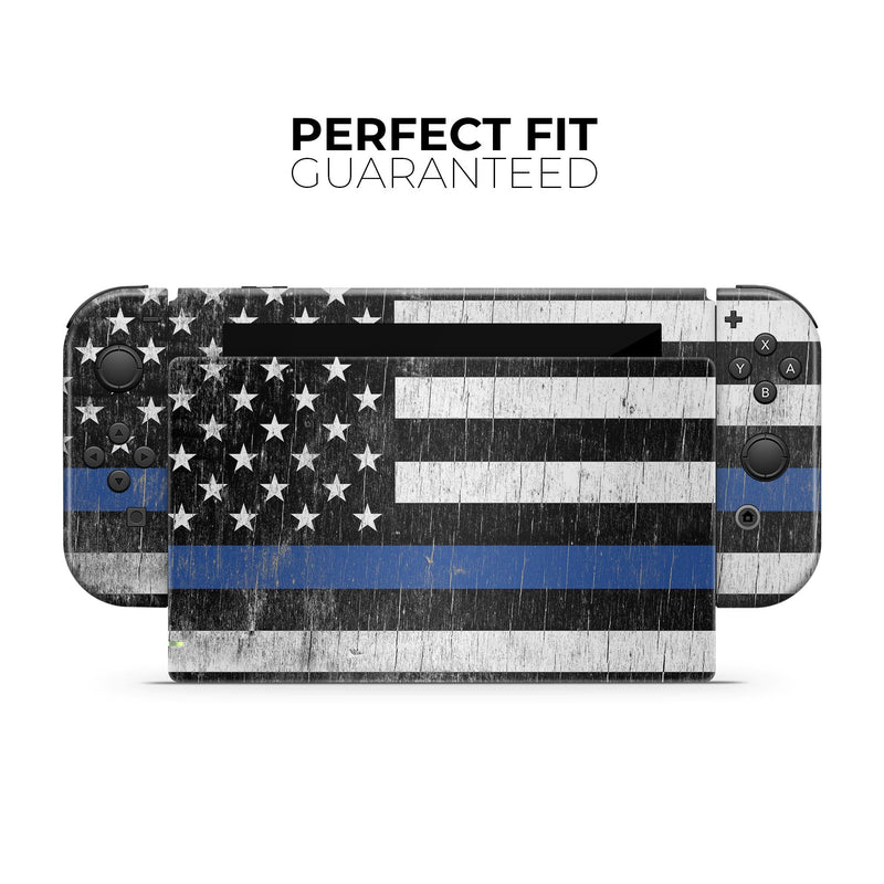 Distressed Wood Patriotic American Flag with Thin Blue Line // Skin Decal Wrap Kit for Nintendo Switch Console & Dock, Joy-Cons, Pro Controller, Lite, 3DS XL, 2DS XL, DSi, or Wii