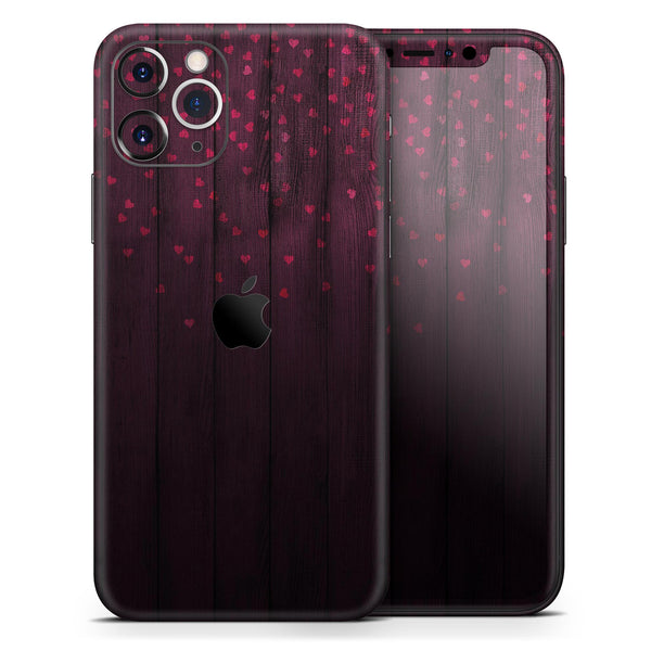 Falling Micro Hearts Over Burgundy Planks of Wood 2 - Skin-Kit compatible with the Apple iPhone 13, 13 Pro Max, 13 Mini, 13 Pro, iPhone 12, iPhone 11 (All iPhones Available)