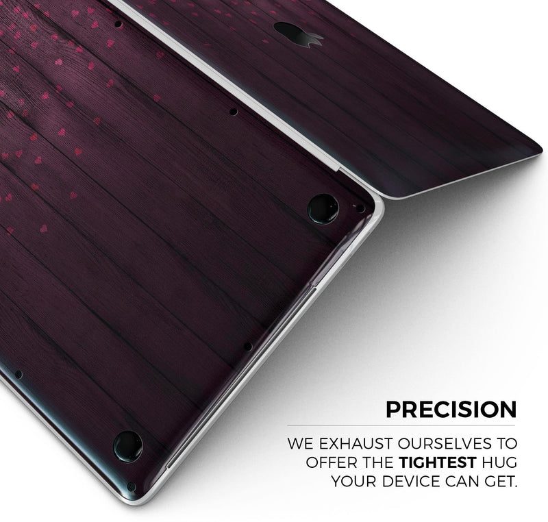 Falling Micro Hearts Over Burgundy Planks of Wood - Skin Decal Wrap Kit Compatible with the Apple MacBook Pro, Pro with Touch Bar or Air (11", 12", 13", 15" & 16" - All Versions Available)