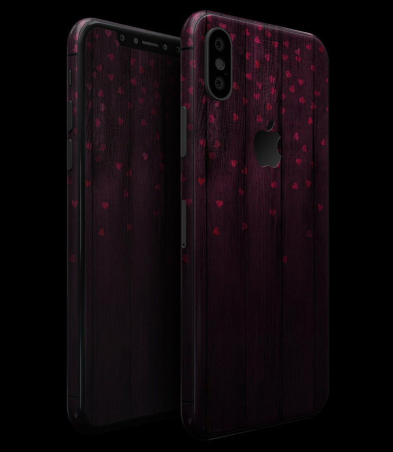 Falling Micro Hearts Over Burgundy Planks of Wood - iPhone XS MAX, XS/X, 8/8+, 7/7+, 5/5S/SE Skin-Kit (All iPhones Available)