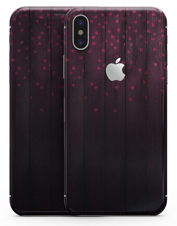 Falling Micro Hearts Over Burgundy Planks of Wood - iPhone X Skin-Kit