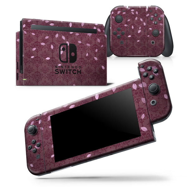 Falling Pink Petals Over royal Burgundy Pattern - Skin Wrap Decal for Nintendo Switch Lite Console & Dock - 3DS XL - 2DS - Pro - DSi - Wii - Joy-Con Gaming Controller