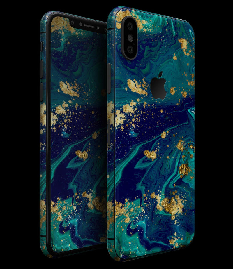 Gold Flaked Teal Oil - iPhone XS MAX, XS/X, 8/8+, 7/7+, 5/5S/SE Skin-Kit (All iPhones Available)