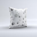 Gray & White Large Paw Prints ink-Fuzed Decorative Throw Pillow