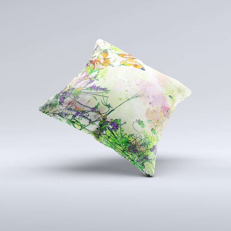 Green Bright Watercolor Floral Ink-Fuzed Decorative Throw Pillow
